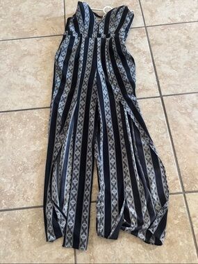 Black and Gray Striped V-Neck Maxi Jumpsuit